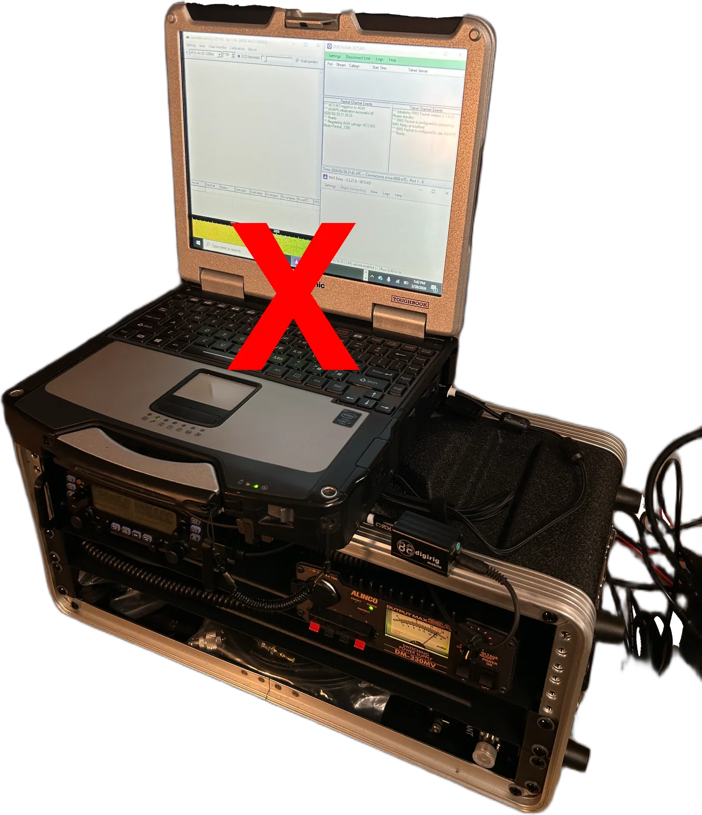 A Windows laptop on a go-kit, crossed out